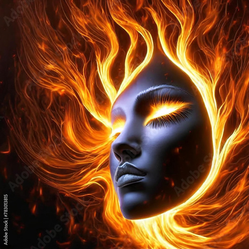 woman's face in fire, dark background, art