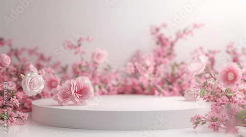 Podium background flower rose product pink 3d spring table beauty stand display nature white. Garden rose floral summer background podium cosmetic valentine easter field scene gift pink day romantic