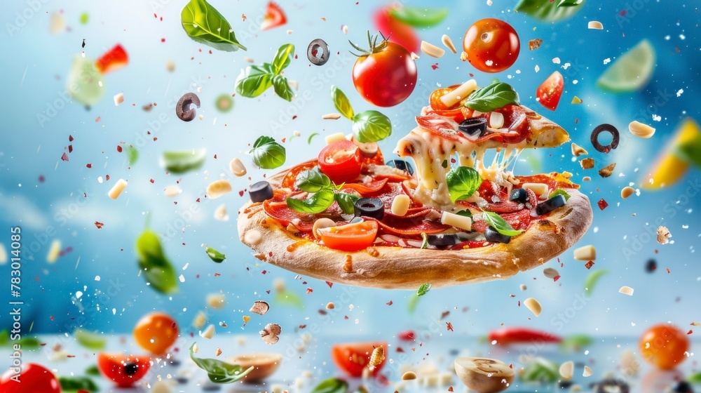 Ingredients for pizza flying in the air, bright saturated background, spotty colors, professional food photo Ingredients for pizza flying in the air, bright saturated background, spotty colors, professional food photo