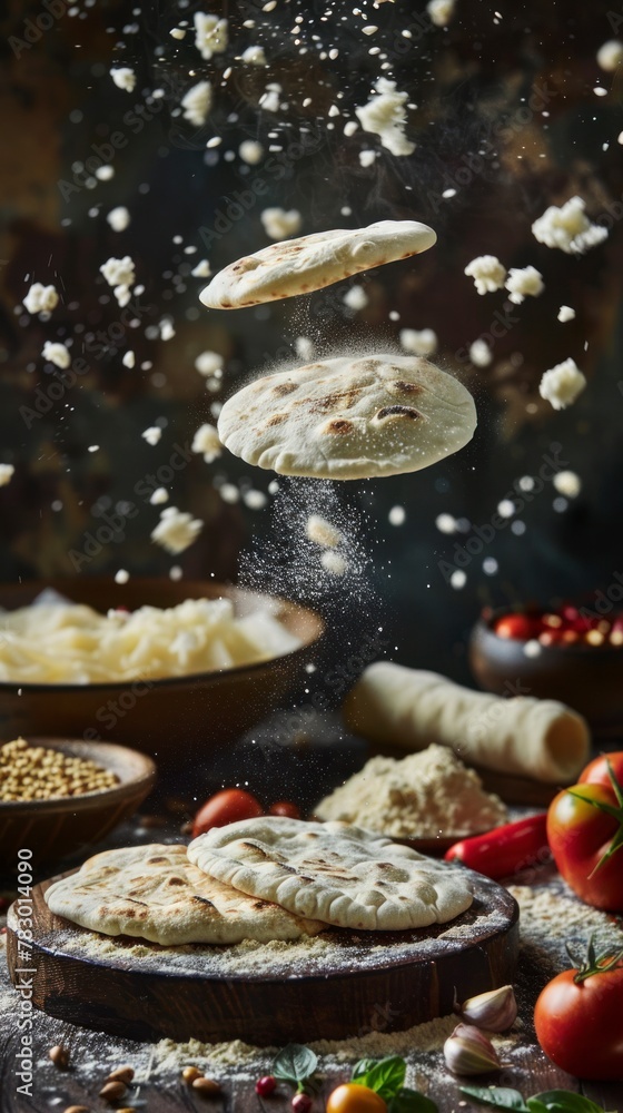 Ingredients for pita flying in the air, bright saturated background, spotty colors, professional food photo