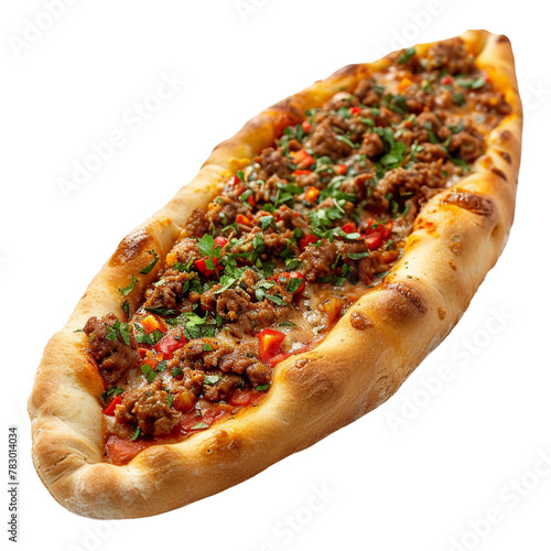 turkish pide with minced meat kiymali pide isolated on white background.
 photo