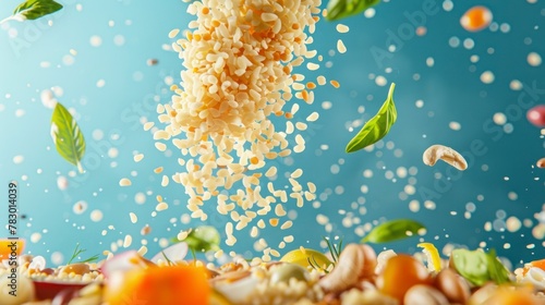 Ingredients for pilaf flying in the air, bright saturated background, spotty colors, professional food photo