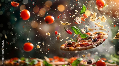 Ingredients for pizza flying in the air, bright saturated background, spotty colors, professional food photo