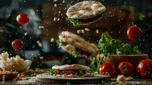 Ingredients for pita flying in the air, bright saturated background, spotty colors, professional food photo