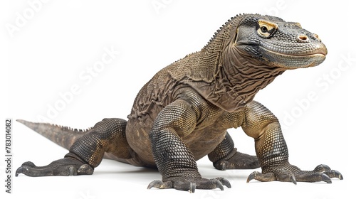 A Komodo dragon being on guard with its head up  isolated 