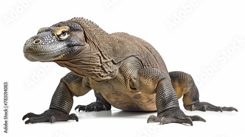 A Komodo dragon being on guard with its head up  isolated 