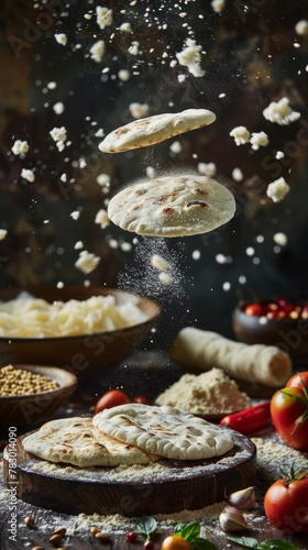 Ingredients for pita flying in the air, bright saturated background, spotty colors, professional food photo