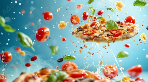 Ingredients for pizza flying in the air, bright saturated background, spotty colors, professional food photo 