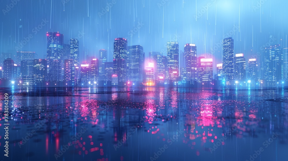 City Skyline Network: A 3D vector illustration of a city skyline during a rainy evening