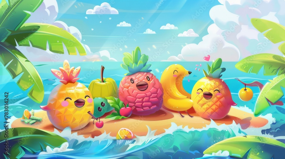 Cartoon illustration of tropical fruits having fun and relaxing on an island.