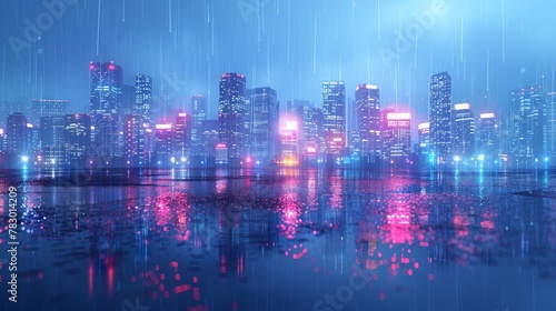 City Skyline Network  A 3D vector illustration of a city skyline during a rainy evening