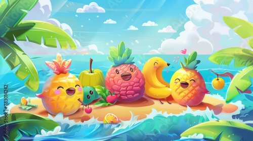 Cartoon illustration of tropical fruits having fun and relaxing on an island. © Mark