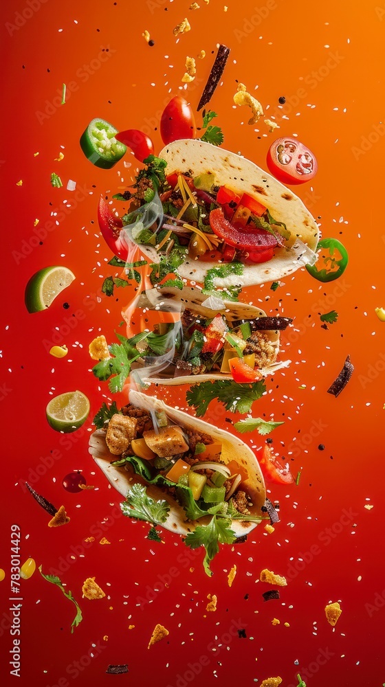Ingredients for tacos flying in the air, bright saturated background, spotty colors, professional food photo