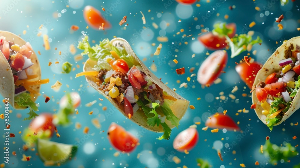 Ingredients for tacos flying in the air, bright saturated background, spotty colors, professional food photo Ingredients for tacos flying in the air, bright saturated background, spotty colors, professional food photo