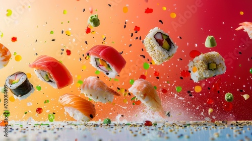 Ingredients for sushi flying in the air, bright saturated background, spotty colors, professional food photo