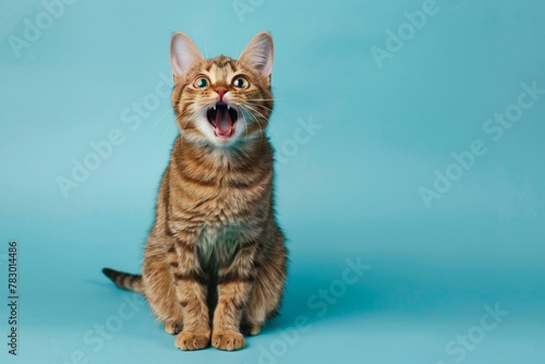 Funny bengal cat sitting on blue background with copy space