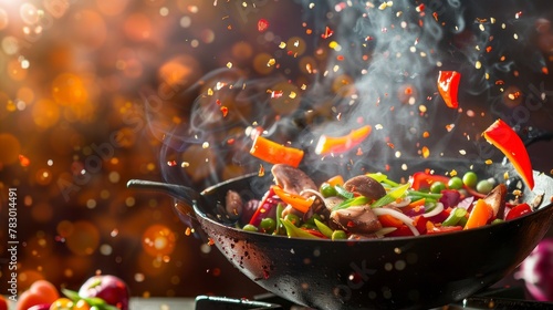 Ingredients for wok flying in the air, bright saturated background, spotty colors, professional food photo