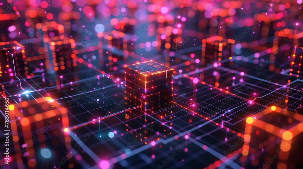 Fototapeta premium Data Transfer: A 3D vector illustration of data packets moving through a network of interconnected devices