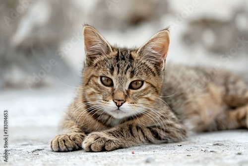 Cute tabby cat lying on the floor and looking at the camera
