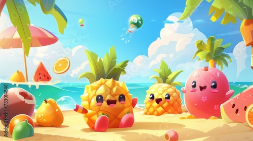 Cartoon tropical fruits playing water gun games or sunbathing on the beach in this cute summer travel illustration.