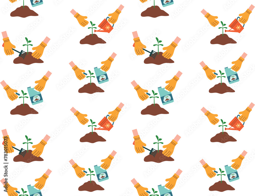 Seamless pattern with beds, sprout and gardening tools. Gardening care on transparent background