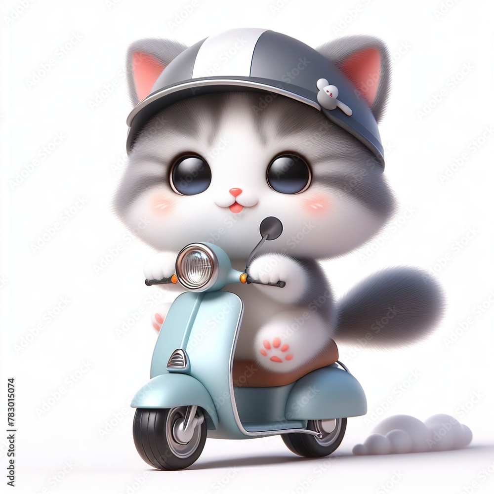 cute kitten wearing helmet hat riding scooter