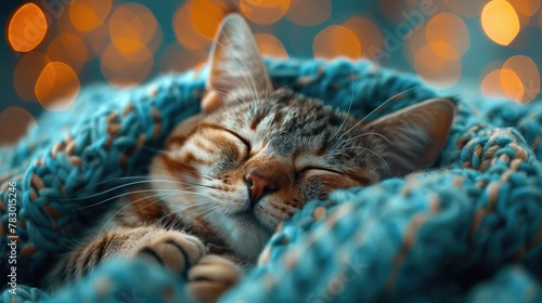 Cat Snuggled Up in Soft Blanket, Purring Contentedly with Eyes Closed. © pengedarseni
