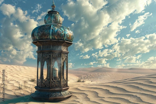  illustration of Ramadan Kareem lantern in the middle of the desert