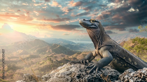 A Komodo dragon laying in the grass, looking up at the sky photo