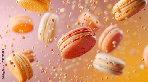 Macaroons flying chaotically in the air, bright saturated background, spotty colors, professional food photo