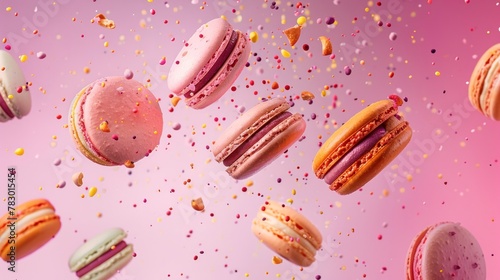 Macaroons flying chaotically in the air, bright saturated background, spotty colors, professional food photo