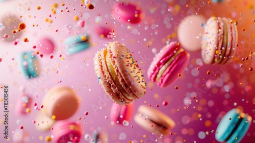 Macaroons flying chaotically in the air, bright saturated background, spotty colors, professional food photo © shooreeq
