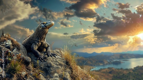 A Komodo dragon laying in the grass, looking up at the sky photo