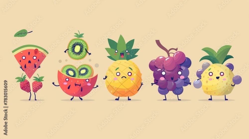 An illustration of tropical fruits doing summer activities, including watermelon, pineapple, grape, kiwi, cantaloupe, isolated on a beige background.