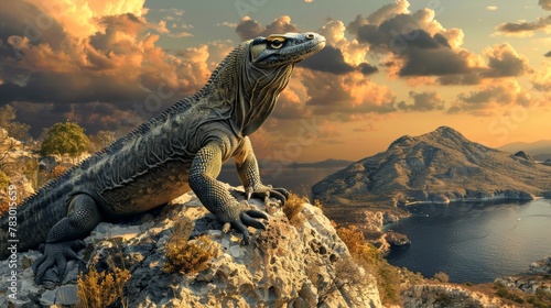 A Komodo dragon laying in the grass, looking up at the sky photo