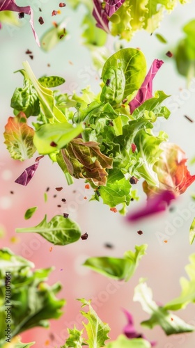 Mix salad leaves flying chaotically in the air, bright saturated background, spotty colors, professional food photo 