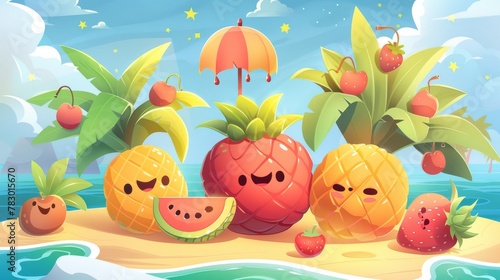 Cartoon fruits enjoying summer on a tropical island.