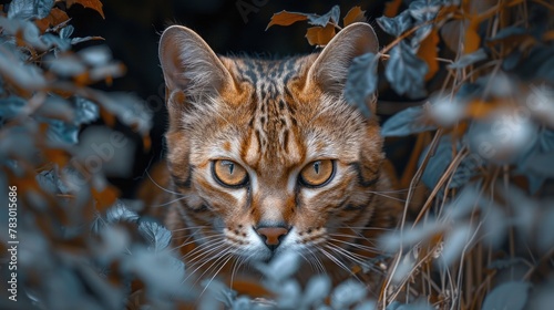 Bengal Cat Stalking Through Tall Grass, Camouflaged Coat Perfectly Blending with Surroundings.