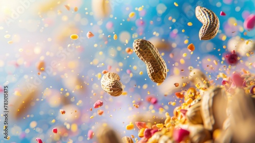 Peanuts flying chaotically in the air, bright saturated background, spotty colors, professional food photo 