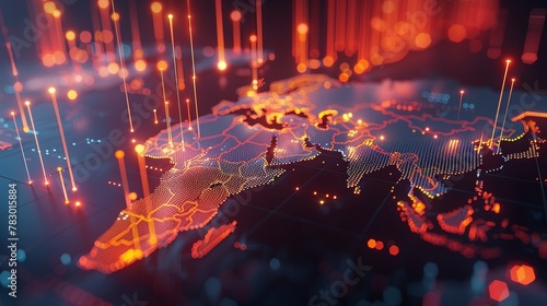 Global Economy: A 3D vector illustration of a digital world map with lines connecting major financial centers photo