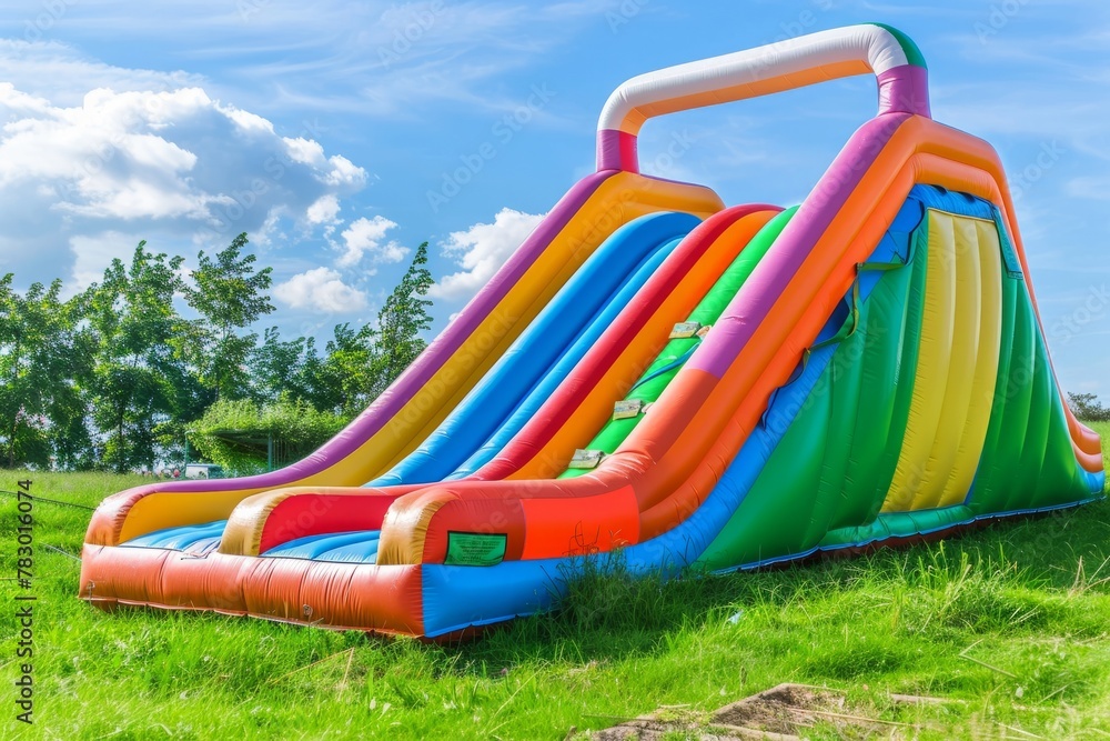 Colorful, large, inflatable children's slide on the green grass in a sunny day. AI generated