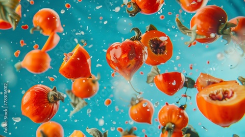 Persimmons flying chaotically in the air, bright saturated background, spotty colors, professional food photo