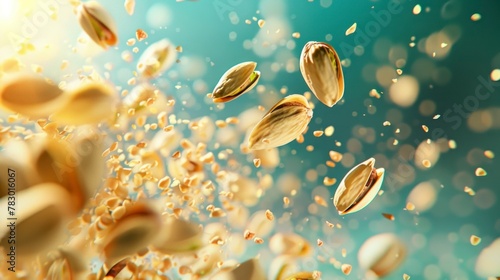 Pistachios flying chaotically in the air, bright saturated background, spotty colors, professional food photo