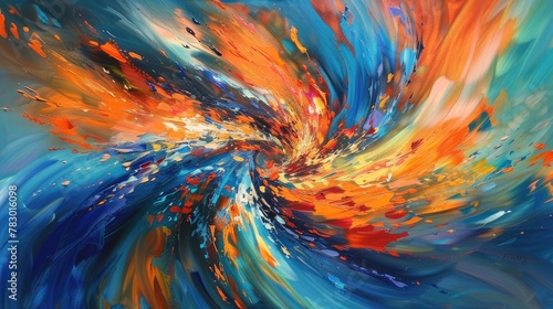 Abstract painting with swirling orange and blue hues