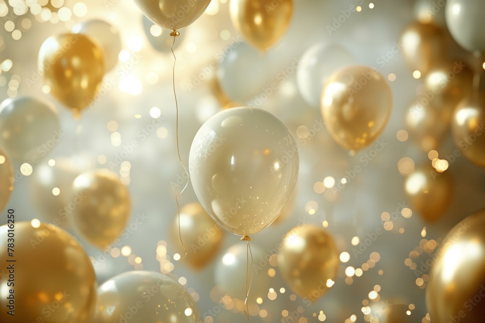 Elegant Gold and White Balloons Floating with Sparkling Lights in a Fairytale Celebration