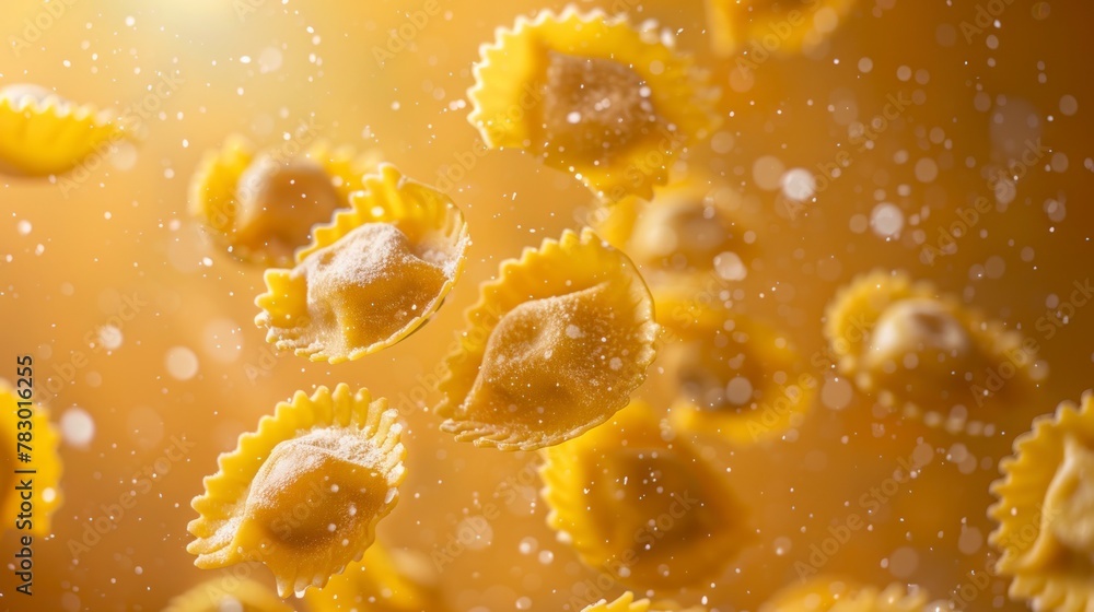 Ravioli flying chaotically in the air, bright saturated background, spotty colors, professional food photo Ravioli flying chaotically in the air, bright saturated background, spotty colors, professional food photo