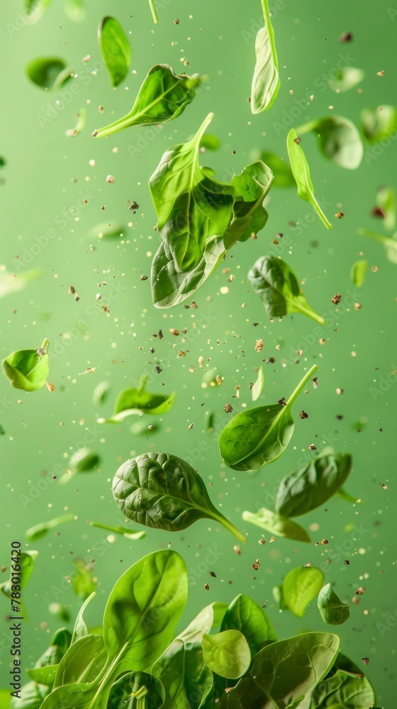 Spinach flying chaotically in the air, bright saturated background, spotty colors, professional food photo Spinach flying chaotically in the air, bright saturated background, spotty colors, professional food photo