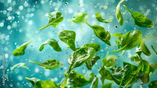 Spinach flying chaotically in the air, bright saturated background, spotty colors, professional food photo