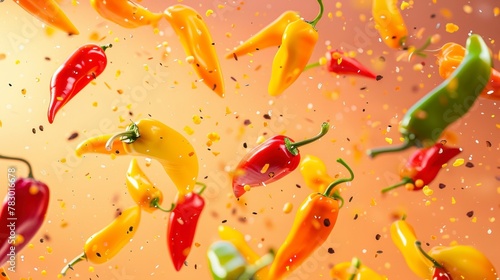 Sweet peppers flying chaotically in the air, bright saturated background, spotty colors, professional food photo