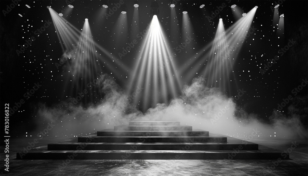 Stage light and smoke on stage with spotlights black and white. Stage lights. spotlights and white laser holograms spins, turns and emits light bright beams. Lighting equipment  - obrazy, fototapety, plakaty 